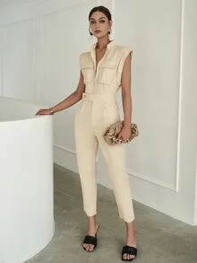 Sollinarry 翻蓋口袋蝙蝠袖拼接細節襯衫連體褲