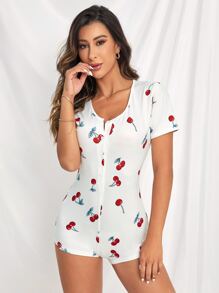 Rompers Nữ Nút phía trước Rau quả Tất cả trên in Dễ thương - trắng - Xem 3