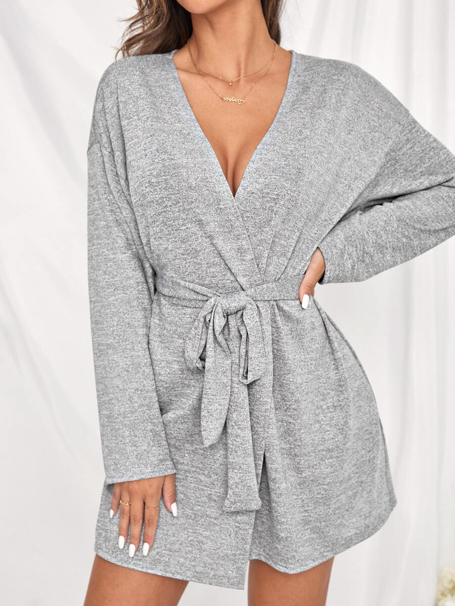 Solid Drop Shoulder Belted Robe - Grey - View 1