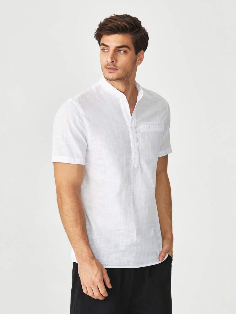 GENTILAND Men Patched Pocket Half Button Shirt - White - View 1
