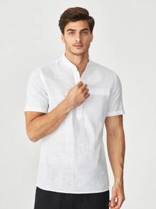 GENTILAND Men Patched Pocket Half Button Shirt - White - View 3