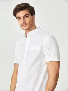 GENTILAND Men Patched Pocket Half Button Shirt - White - View 6