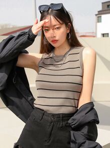 DAZY 女士罗纹圆领罗纹针织休闲背心，商务休闲装，返校服 - 卡其色 - 查看 3