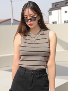 DAZY 女士罗纹圆领罗纹针织休闲背心，商务休闲装，返校服 - 卡其色 - 查看 5