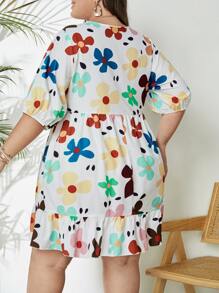 SHEIN VCAY Plus Floral Print Bishop Sleeve Ruffle Hem Dress - White - View 2