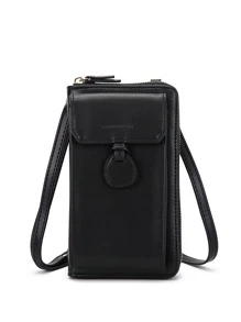 Letter Graphic Flap Phone Wallet - Black - View 1