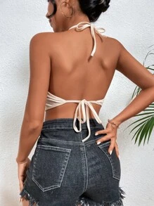 Top halter corto tejido waffle de espalda abierta - Blanco - Ver 2