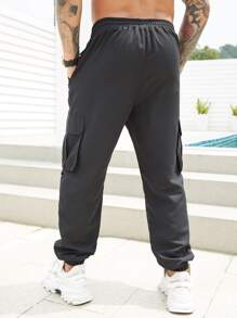 Manfinity Men Plus Flap Pocket Drawstring Waist Cargo Pants - Black - View 2