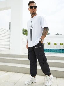 Manfinity Men Plus Flap Pocket Drawstring Waist Cargo Pants - Black - View 5