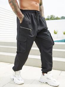 Manfinity Men Plus Flap Pocket Drawstring Waist Cargo Pants - Black - View 6