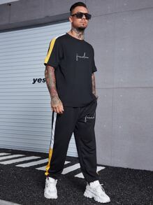 Manfinity 男士字母圖案拼接側邊接縫T恤和褲子 - 黑色 - 查看 1