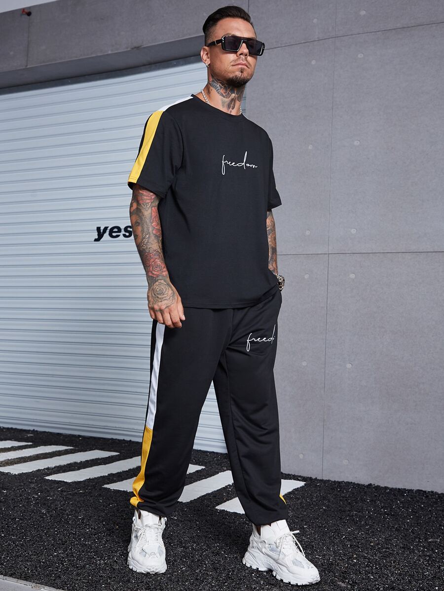 Manfinity 男士字母圖案拼接側邊接縫T恤和褲子 - 黑色 - 查看 1