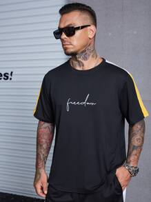 Manfinity 男士字母圖案拼接側邊接縫T恤和褲子 - 黑色 - 查看 4