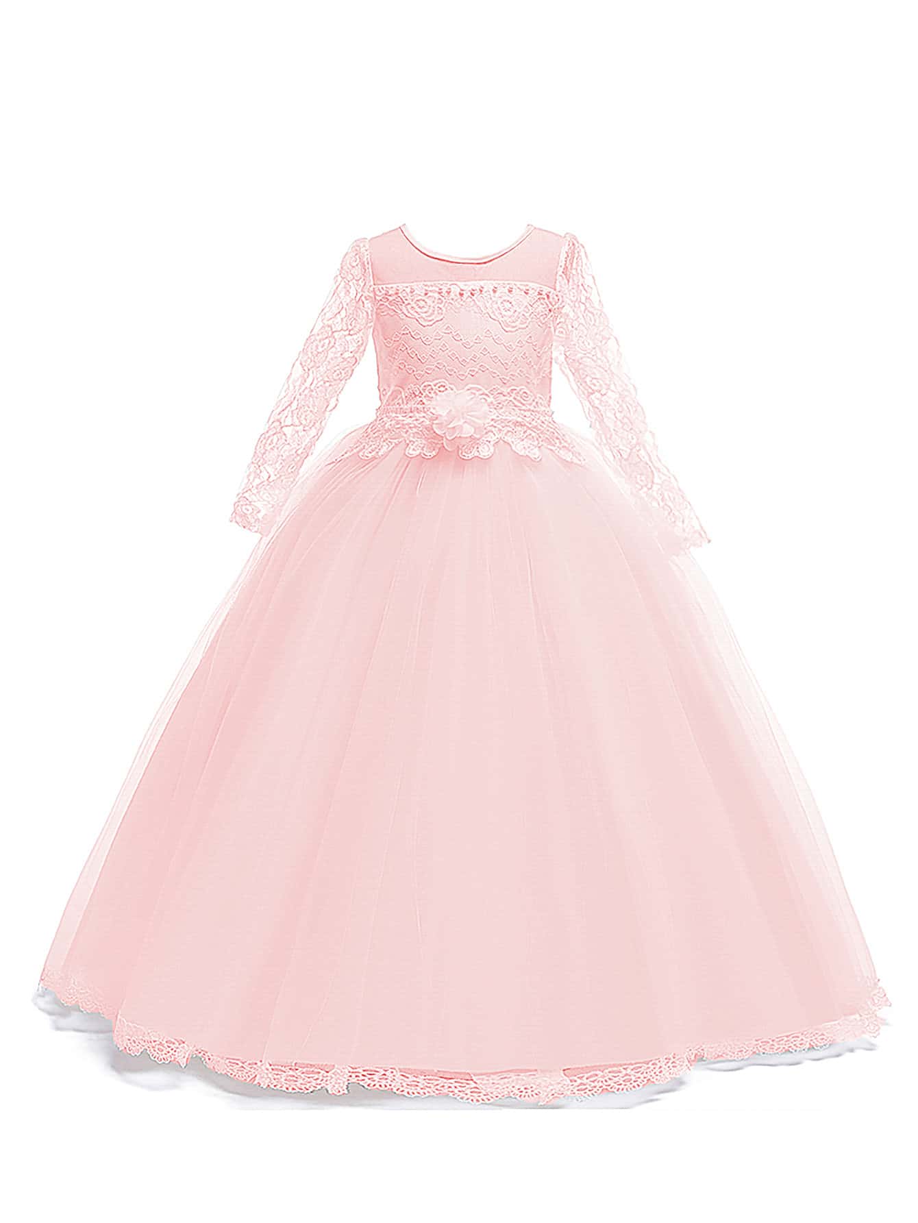 Tween Girl Long Solid Color Lace Tulle Satin Elegant Formal Dress, Suitable For Attending Balls And Formal Dinners, Does Not Include Headband - Baby Pink - View 1