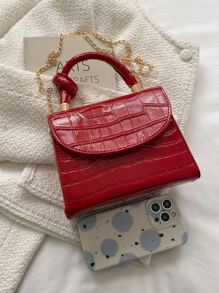 Mini Crocodile Embossed Chain Flap Square Bag, Mother's Day Gift For Mom , Burgundy Bag, Bag, & New Year Ideal Gift - Burgundy - View 4