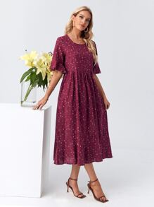 Allover Print Flounce Sleeve Smock Dress - Burgundy - View 4