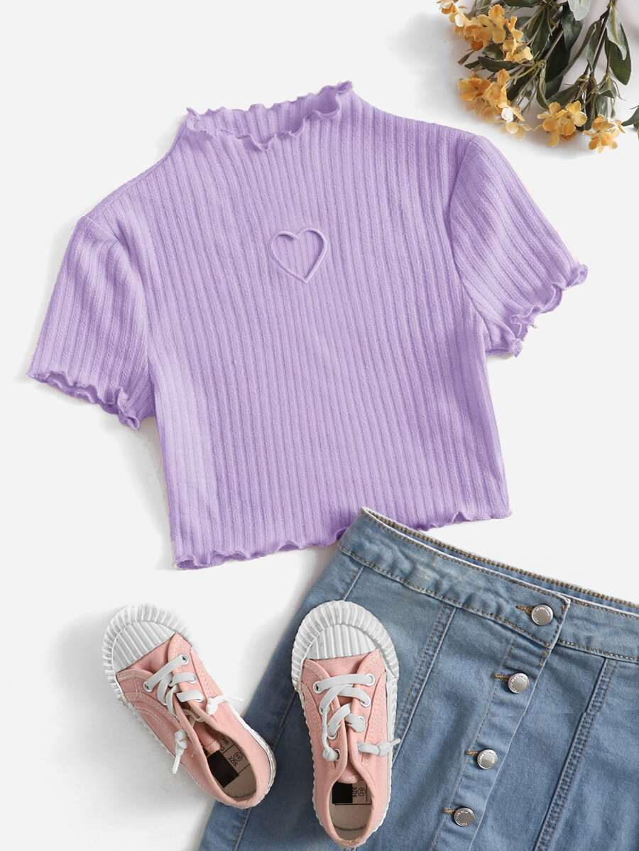 SHEIN Tween Girl Mock Neck Heart Cut-Out Lettuce Trim Rib-Knit Tee - Lilac Purple - View 1