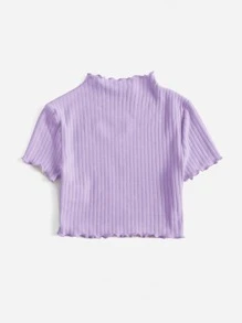 SHEIN Tween Girl Mock Neck Heart Cut-Out Lettuce Trim Rib-Knit Tee - Lilac Purple - View 2