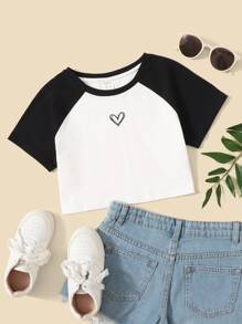 SHEIN Tween Girl Colorblock Raglan Sleeve Tee - White - View 1