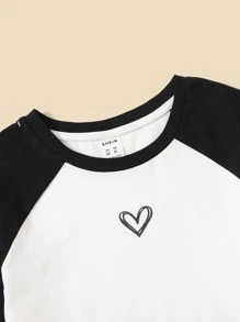 SHEIN Tween Girl Colorblock Raglan Sleeve Tee - White - View 3