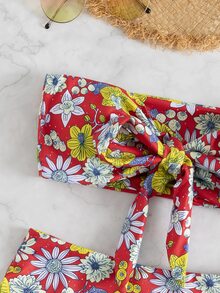 Random Floral Print Knot Front Bandeau Bikini, For Summer Beach Vacation - Multicolor - View 3
