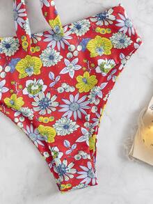 Random Floral Print Knot Front Bandeau Bikini, For Summer Beach Vacation - Multicolor - View 4