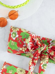 Random Floral Print Tie Front Tube Bikini Set, For Summer Beach Vacation - Multicolor - View 3