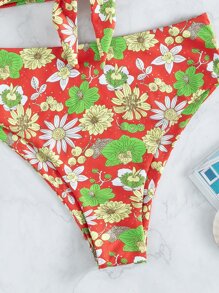 Random Floral Print Tie Front Tube Bikini Set, For Summer Beach Vacation - Multicolor - View 4