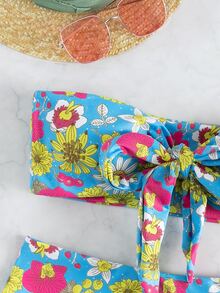 Random Floral Print Knot Front Bandeau Bikini Set, For Summer Beach Vacation - Multicolor - View 4