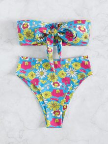 Random Floral Print Knot Front Bandeau Bikini Set, For Summer Beach Vacation - Multicolor - View 5