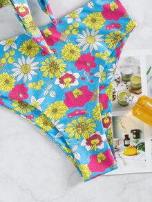 Random Floral Print Knot Front Bandeau Bikini Set, For Summer Beach Vacation - Multicolor - View 6