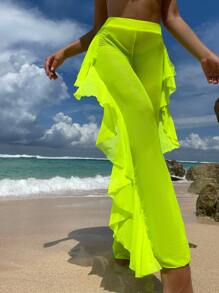 Neon Green Ruffle Trim Cover Up Pants, For Summer Vacation - Lime Green - View 1