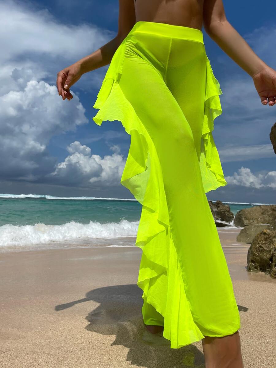 Neon Green Ruffle Trim Cover Up Pants, For Summer Vacation - Lime Green - View 1