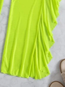 Neon Green Ruffle Trim Cover Up Pants, For Summer Vacation - Lime Green - View 3