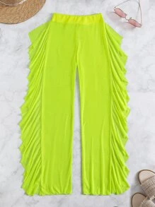 Neon Green Ruffle Trim Cover Up Pants, For Summer Vacation - Lime Green - View 5
