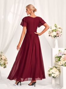 SHEIN Belle Burgundy Red Layered Ruffle Sleeve A-Line Bridesmaid Dress - Burgundy - View 2