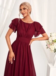 SHEIN Belle Burgundy Red Layered Ruffle Sleeve A-Line Bridesmaid Dress - Burgundy - View 3