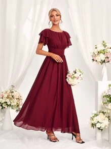 SHEIN Belle Burgundy Red Layered Ruffle Sleeve A-Line Bridesmaid Dress - Burgundy - View 5