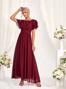 SHEIN Belle Burgundy Red Layered Ruffle Sleeve A-Line Bridesmaid Dress - Burgundy - View 6