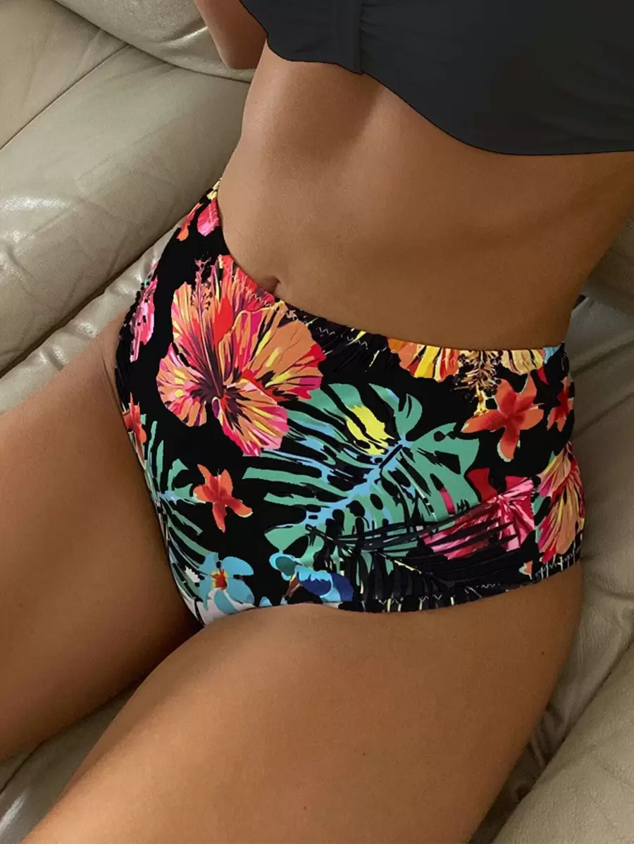 SHEIN Swim Quần bikini cạp cao họa tiết nhiệt đới ngẫu nhiên đi biển mùa hè, đồ bơi đi nghỉ - màu đen - Xem 1