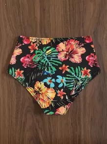 SHEIN Swim Quần bikini cạp cao họa tiết nhiệt đới ngẫu nhiên đi biển mùa hè, đồ bơi đi nghỉ - màu đen - Xem 2