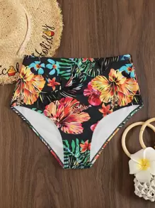 SHEIN Swim Quần bikini cạp cao họa tiết nhiệt đới ngẫu nhiên đi biển mùa hè, đồ bơi đi nghỉ - màu đen - Xem 3