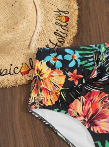 SHEIN Swim Quần bikini cạp cao họa tiết nhiệt đới ngẫu nhiên đi biển mùa hè, đồ bơi đi nghỉ - màu đen - Xem 5