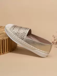 Women's Vacation Flat Sandals With Rhinestone Decoration & Woven Design - Champagne - View 3