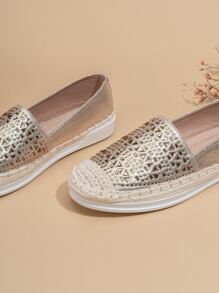 Women's Vacation Flat Sandals With Rhinestone Decoration & Woven Design - Champagne - View 5