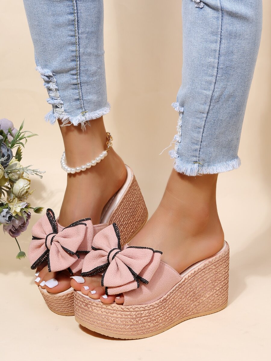 Giày bệt dày và Dép nêm Nữ Nơ Bướm màu trơn Kỳ nghỉ - Hồng - Xem 1