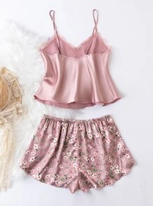 花卉印花蕾丝细节系带缎面睡衣套装/睡衣套装 - 藕粉色 - 查看 2