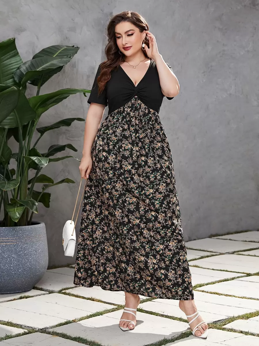 Mulvari Plus Floral Print Twist Front Dress Maxi Women Outfit