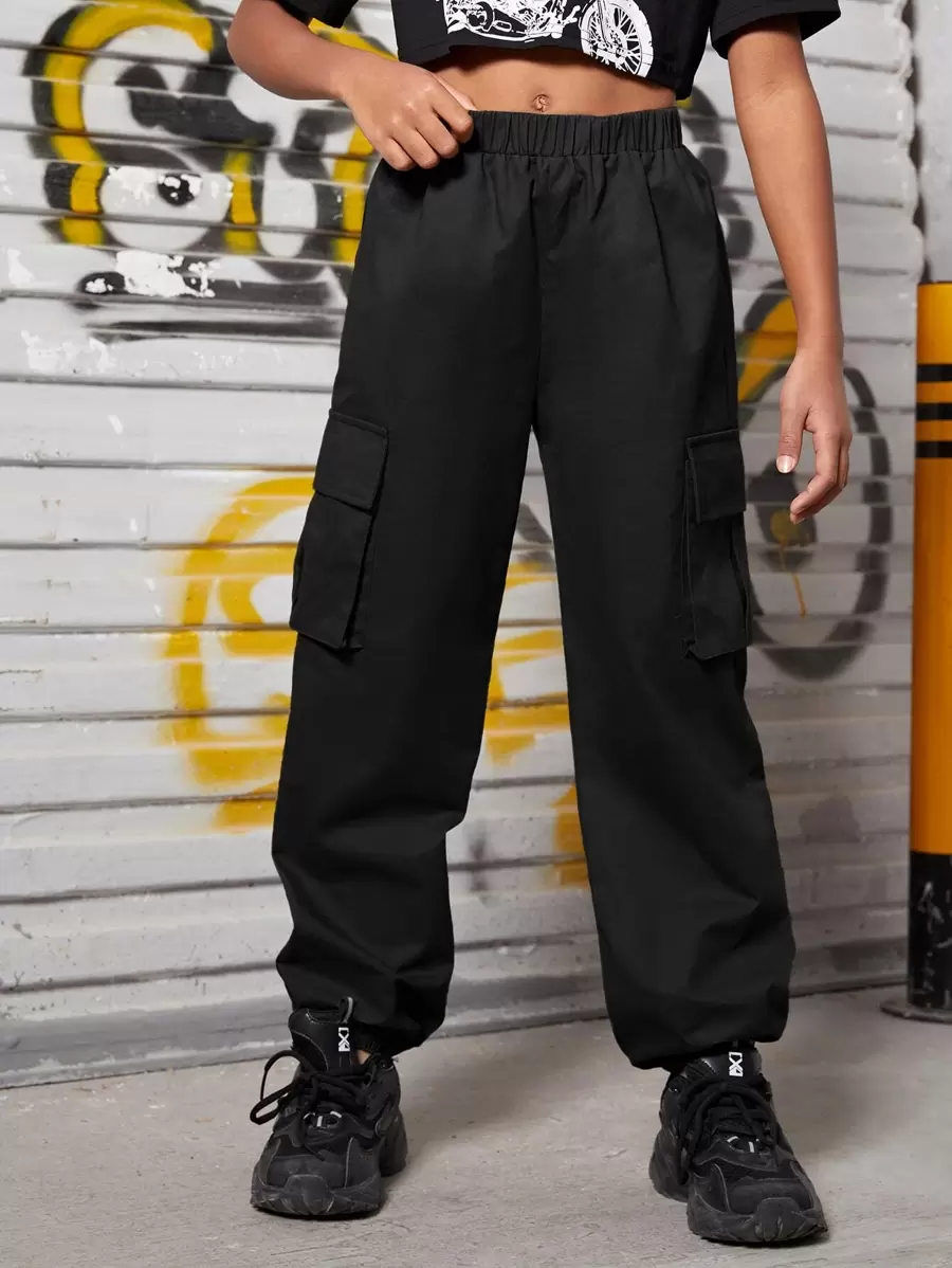 SHEIN Girls Flap Pocket Side Cargo Trousers - Black - View 1