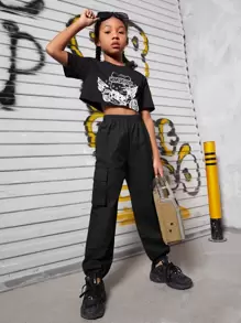 SHEIN Girls Flap Pocket Side Cargo Trousers - Black - View 3